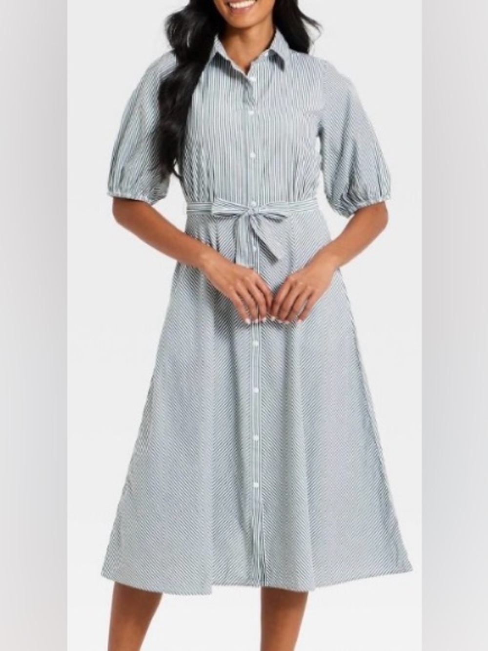 NWT A New Day Green and White Striped Midi Shirt Dress w/ Tie & Pockets